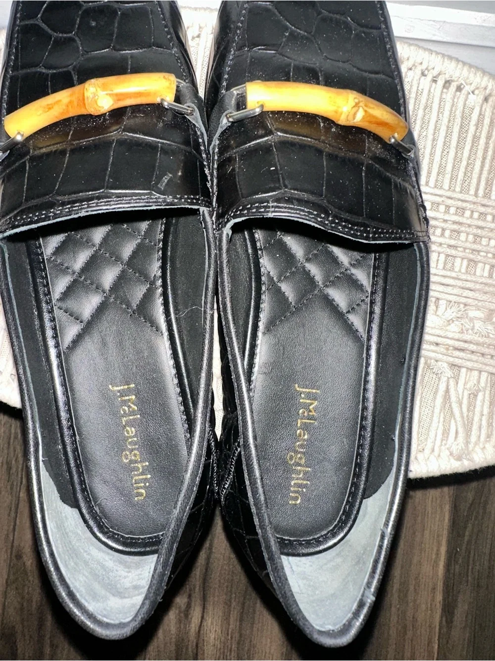 J. McLaughlin Black Croc-Embossed Leather Loafers with Gold-Tone Bar